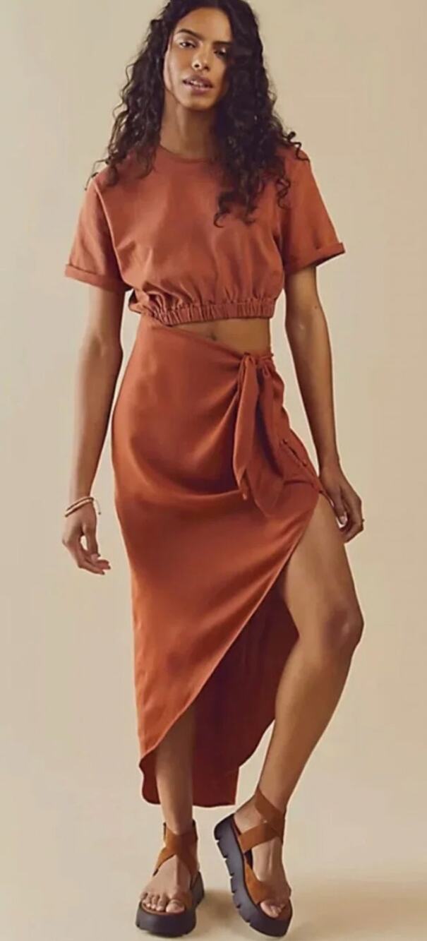 Free People Rae Maxi Dress Rust Asymmetrical Wrap Hi Low Boho Tie Waist Womens S